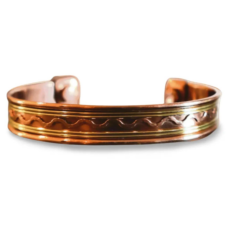 Copper Cuff Bracelet, Pure Copper with Two - Tone Brass Wave Design and 2 Magnets, Stress Relief - Wax | Wane