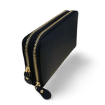 Black pouch with gold zipper on a white background