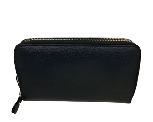 Black leather wallet with gold zipper on a white background