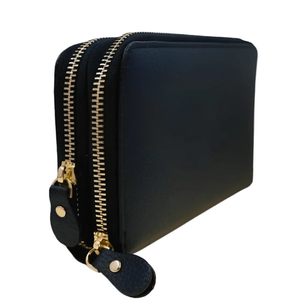 EMF RFID Wallet (Black), Double Zipper Vegan Leather Protects - Wax | Wane - 1