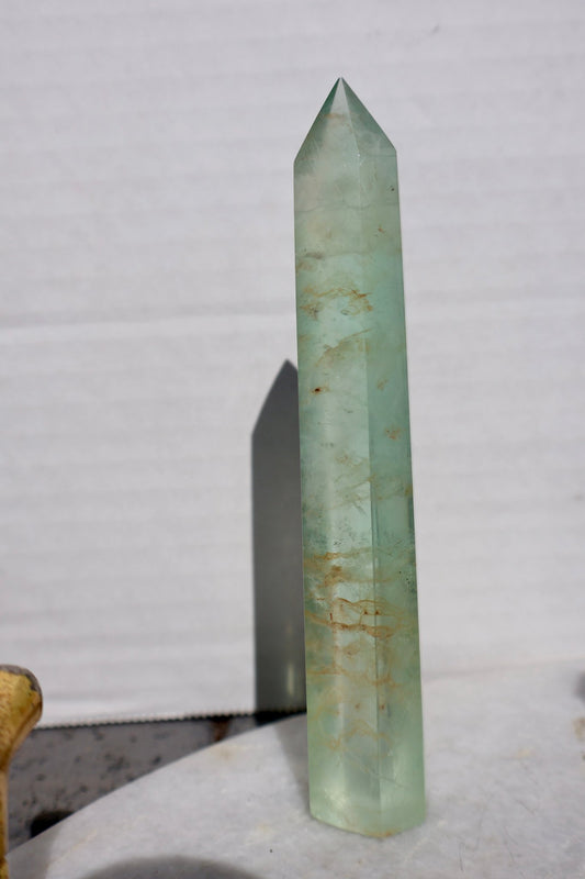 Fluorite Crystal Tower – Glassy Golden Healer Light Green (Translucent) Tower | Natural Gemstone Obelisk in 2 Sizes, ONE PIECE - Wax | Wane - clear green fluorite - Crystal Tower1