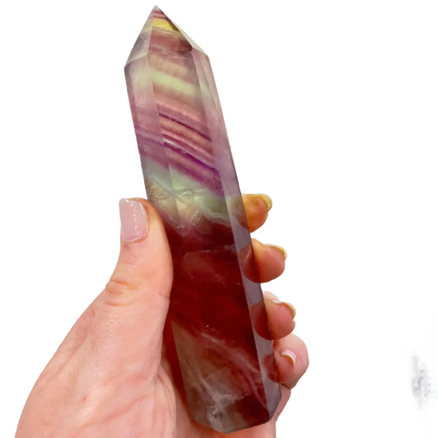 sparkling Fluorite Crystal Tower, Natural Watermelon Color in Pink and Green in displayed on surface