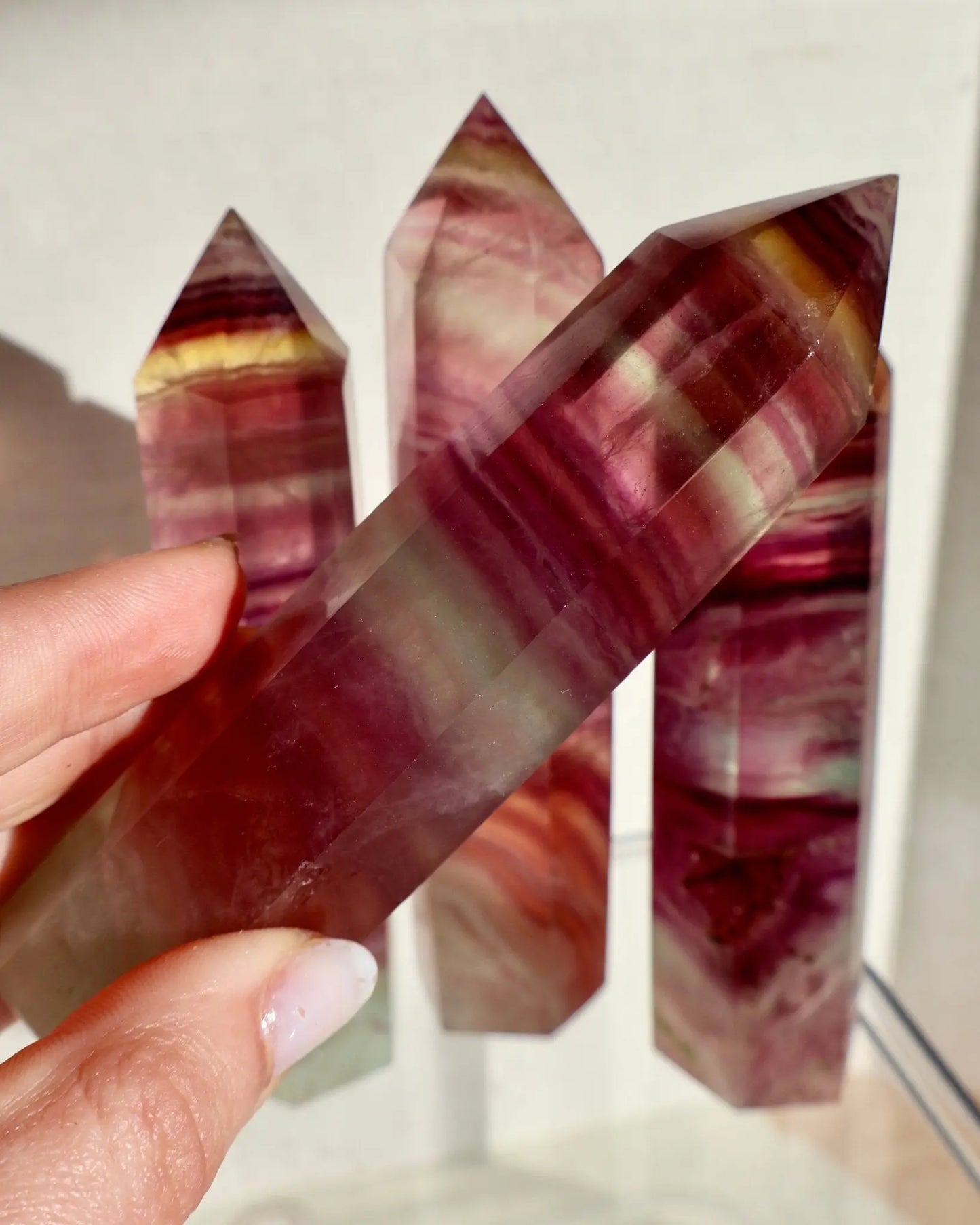 smooth Fluorite Crystal Tower, Natural Watermelon Color in Pink and Green in macro texture
