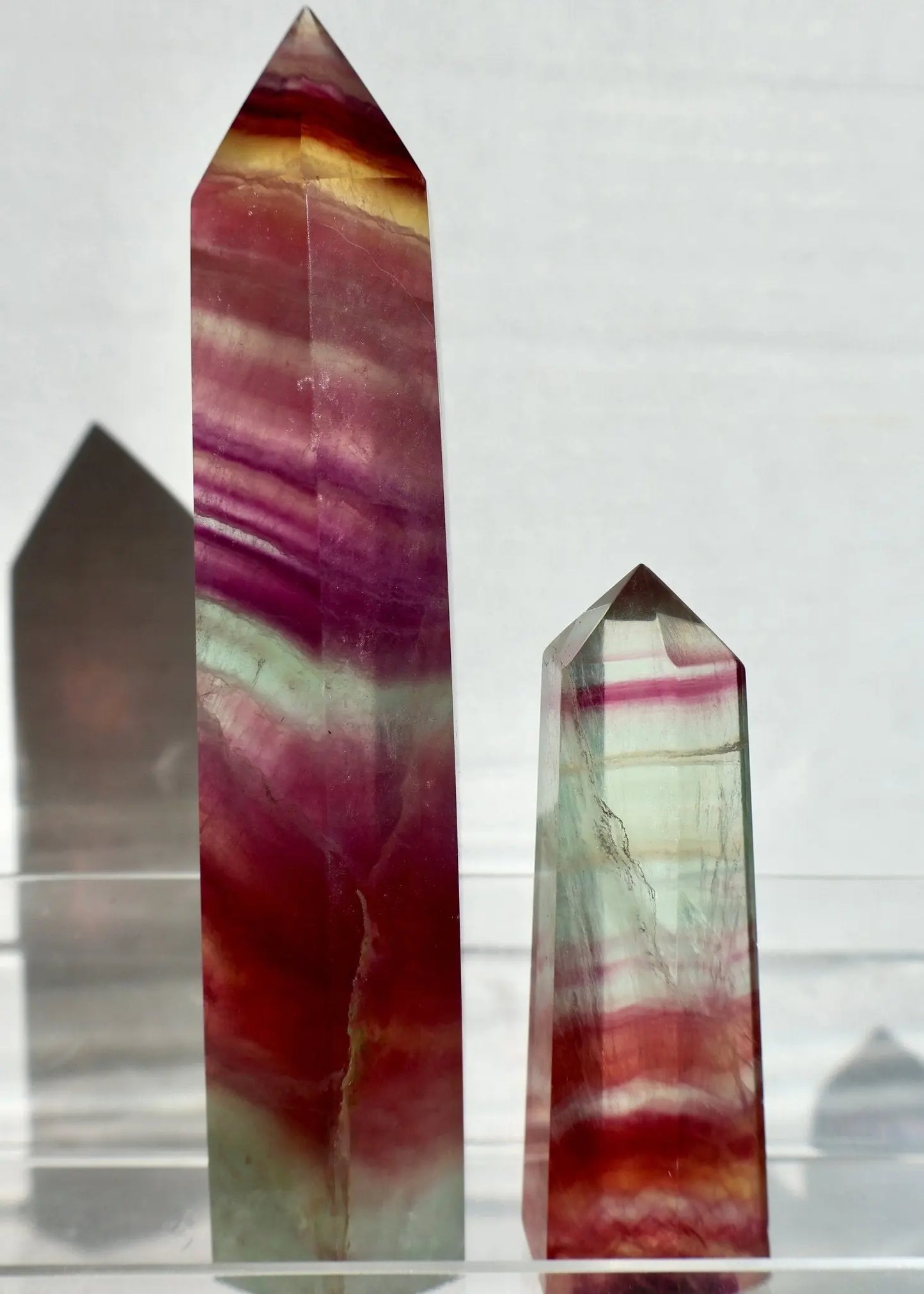 shiny Fluorite Crystal Tower, Natural Watermelon Color in Pink and Green in detail view