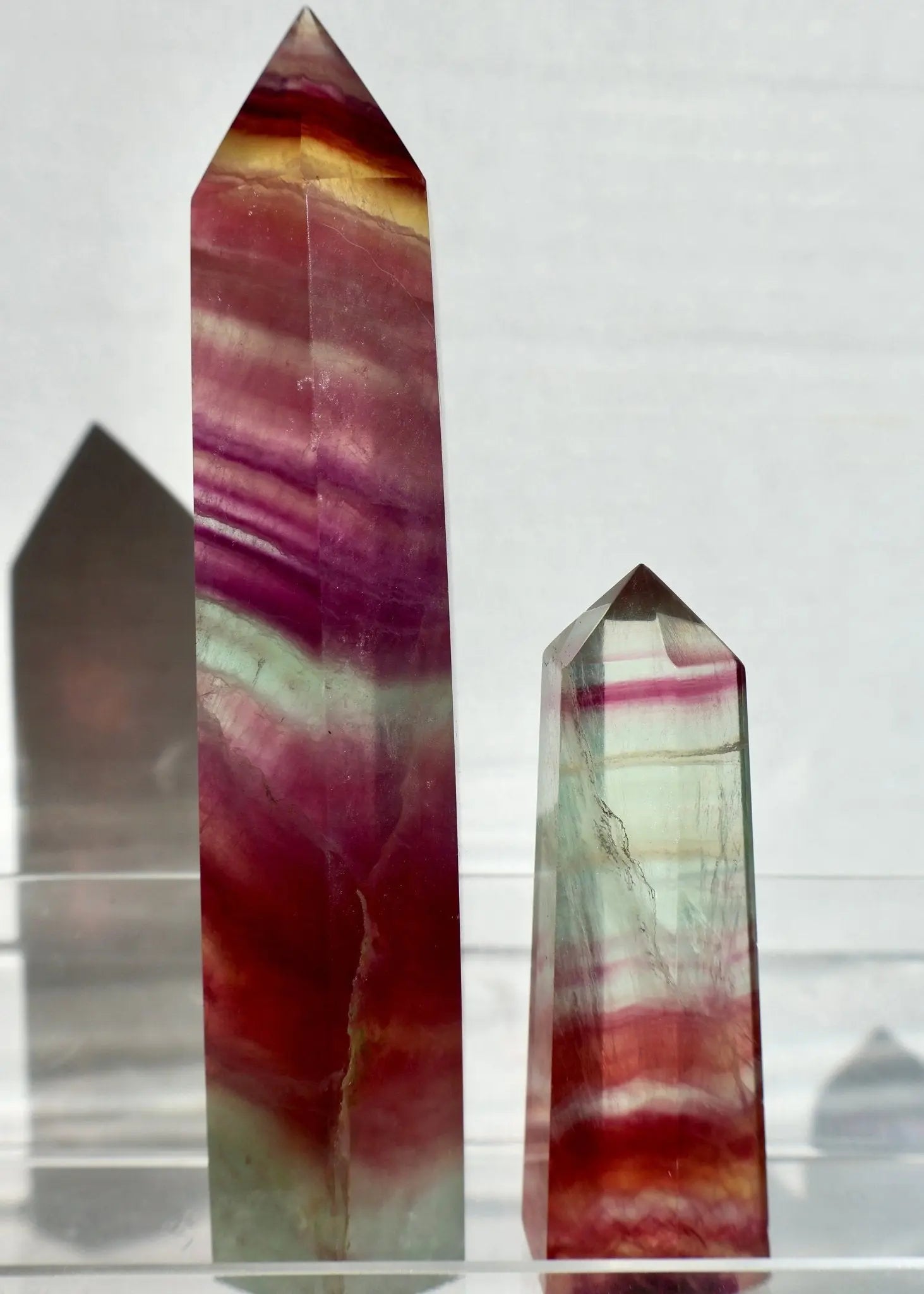 shiny Fluorite Crystal Tower, Natural Watermelon Color in Pink and Green in detail view