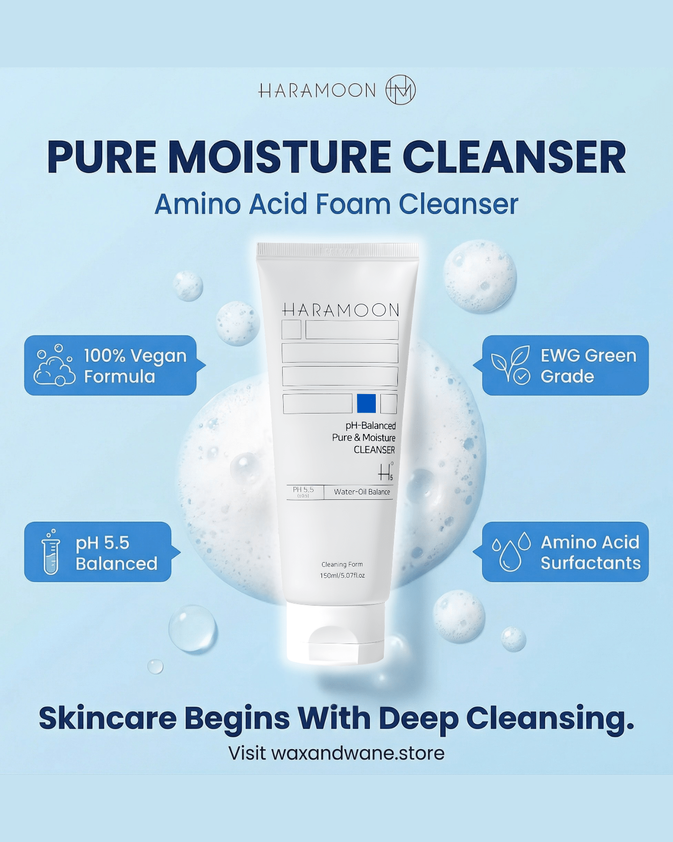 HARAMOON Pure Moisture Cleanser | Gentle Korean Face Wash | Purifying & Hydrating | With CICA, HA, Betaine | Vegan, EWG Verified - Wax | Wane - HARAMOON - Skin Care2