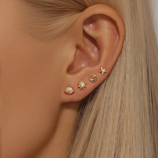 shiny Sterling Silver Celestial Earrings - 4 piece Set with Saturn, Moon, Star, and Sun in detail view