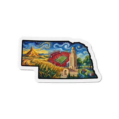LNK.Nebraska Landmarks Magnet — Van Gogh Die-Cut State Magnet | Big Red Game Day Gift - Wax | Wane - big red - Home Decor1