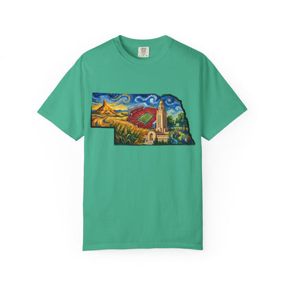 LNK.Nebraska Landmarks T-Shirt — Vincent Van Gogh Style State Art | Big Red Game Day Nebraska Gift Tee - Wax | Wane - big red - T-Shirt8