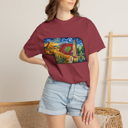 LNK.Nebraska Landmarks T-Shirt — Vincent Van Gogh Style State Art | Big Red Game Day Nebraska Gift Tee - Wax | Wane - big red - T-Shirt57