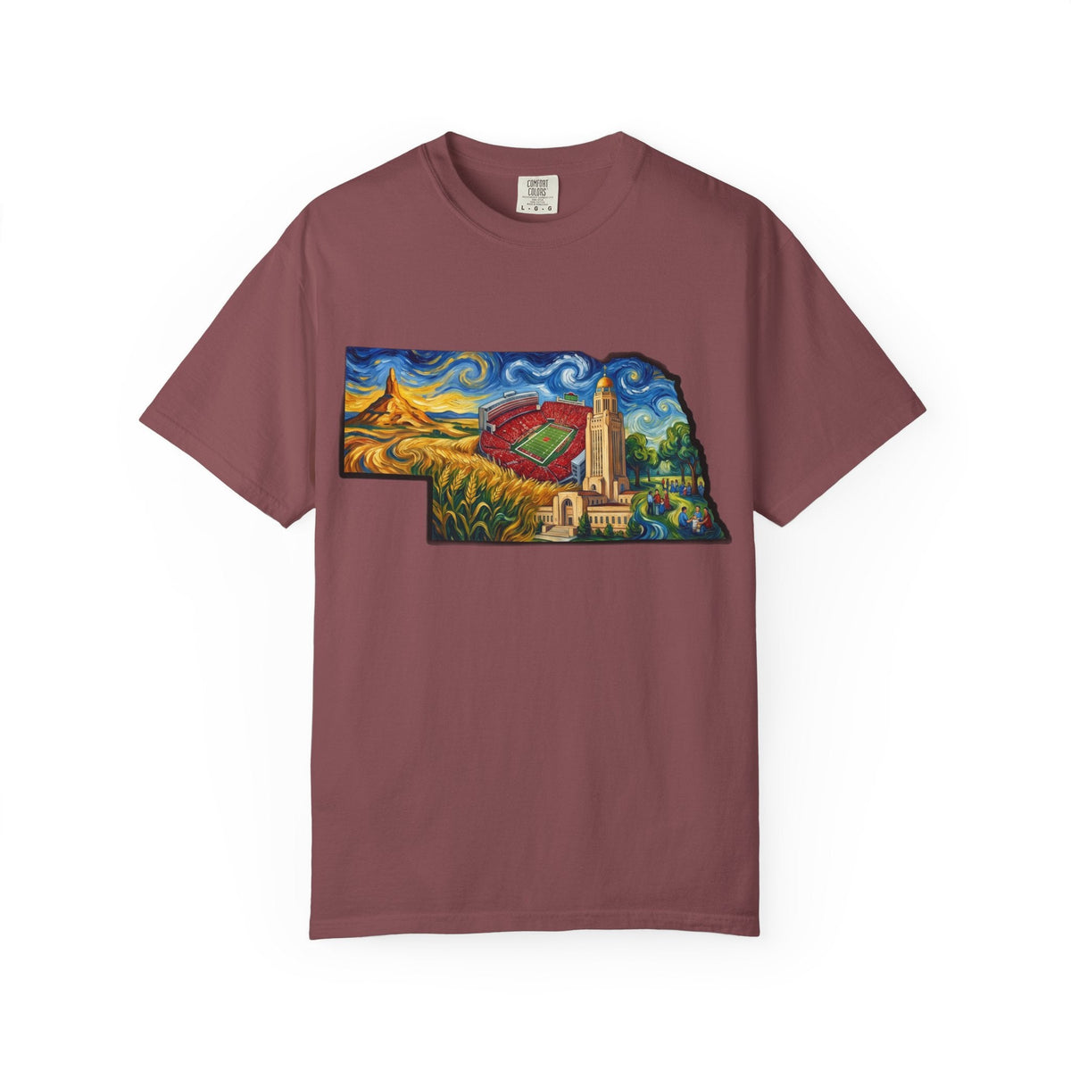 LNK.Nebraska Landmarks T-Shirt — Vincent Van Gogh Style State Art | Big Red Game Day Nebraska Gift Tee - Wax | Wane - big red - T-Shirt5