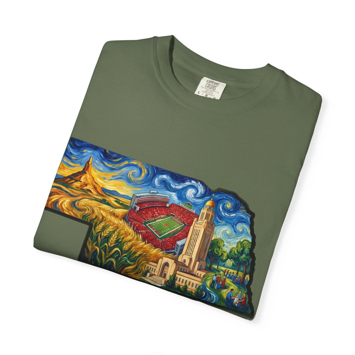 LNK.Nebraska Landmarks T-Shirt — Vincent Van Gogh Style State Art | Big Red Game Day Nebraska Gift Tee - Wax | Wane - big red - T-Shirt35