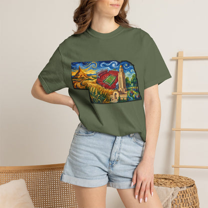LNK.Nebraska Landmarks T-Shirt — Vincent Van Gogh Style State Art | Big Red Game Day Nebraska Gift Tee - Wax | Wane - big red - T-Shirt36