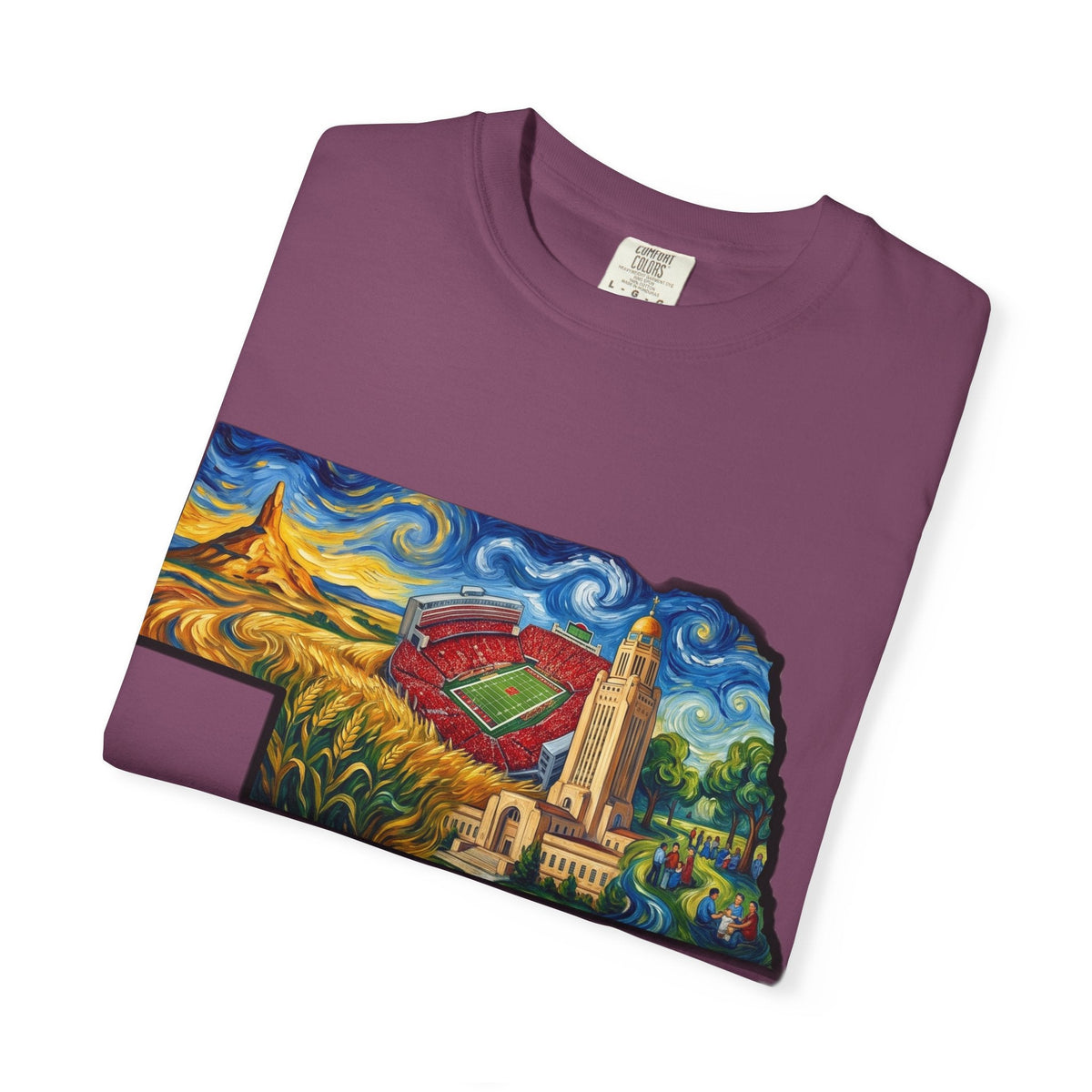 LNK.Nebraska Landmarks T-Shirt — Vincent Van Gogh Style State Art | Big Red Game Day Nebraska Gift Tee - Wax | Wane - big red - T-Shirt26