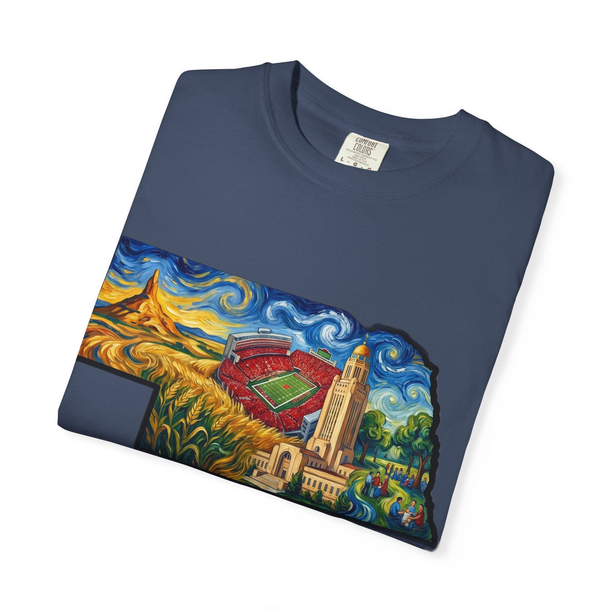 LNK.Nebraska Landmarks T-Shirt — Vincent Van Gogh Style State Art | Big Red Game Day Nebraska Gift Tee - Wax | Wane - big red - T-Shirt53