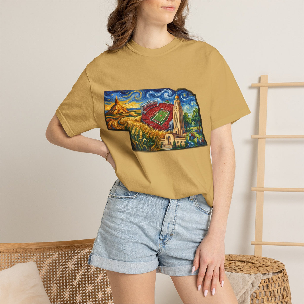 LNK.Nebraska Landmarks T-Shirt — Vincent Van Gogh Style State Art | Big Red Game Day Nebraska Gift Tee - Wax | Wane - big red - T-Shirt33