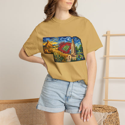 LNK.Nebraska Landmarks T-Shirt — Vincent Van Gogh Style State Art | Big Red Game Day Nebraska Gift Tee - Wax | Wane - big red - T-Shirt33