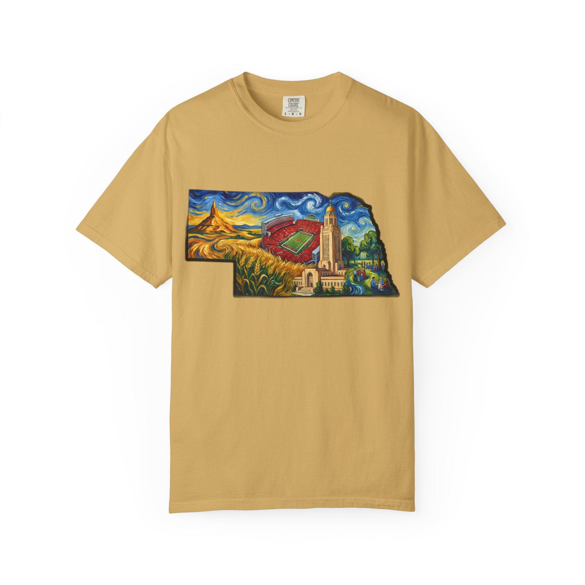 LNK.Nebraska Landmarks T-Shirt — Vincent Van Gogh Style State Art | Big Red Game Day Nebraska Gift Tee - Wax | Wane - big red - T-Shirt6