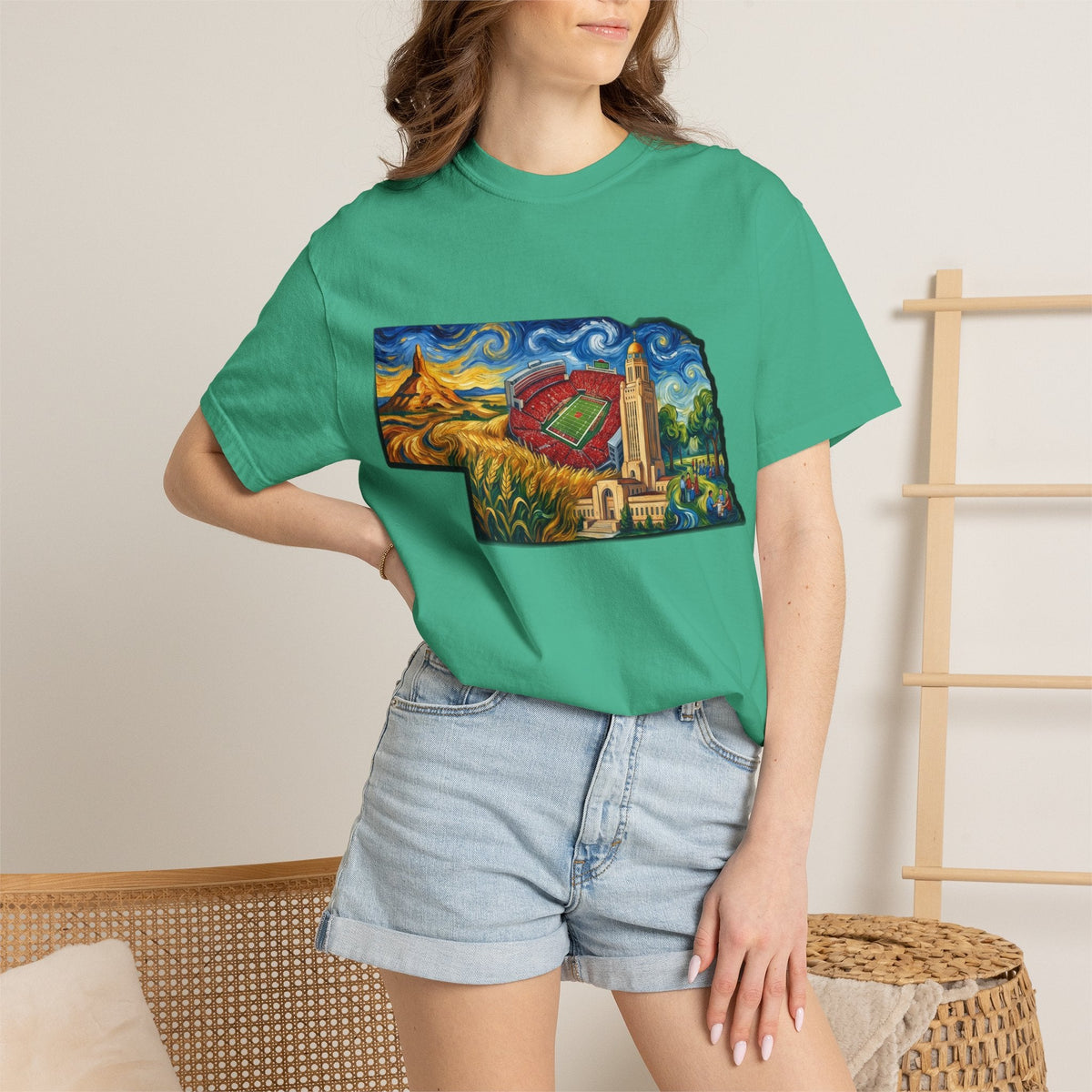 LNK.Nebraska Landmarks T-Shirt — Vincent Van Gogh Style State Art | Big Red Game Day Nebraska Gift Tee - Wax | Wane - big red - T-Shirt39