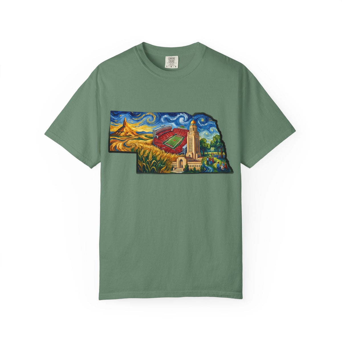 LNK.Nebraska Landmarks T-Shirt — Vincent Van Gogh Style State Art | Big Red Game Day Nebraska Gift Tee - Wax | Wane - big red - T-Shirt9