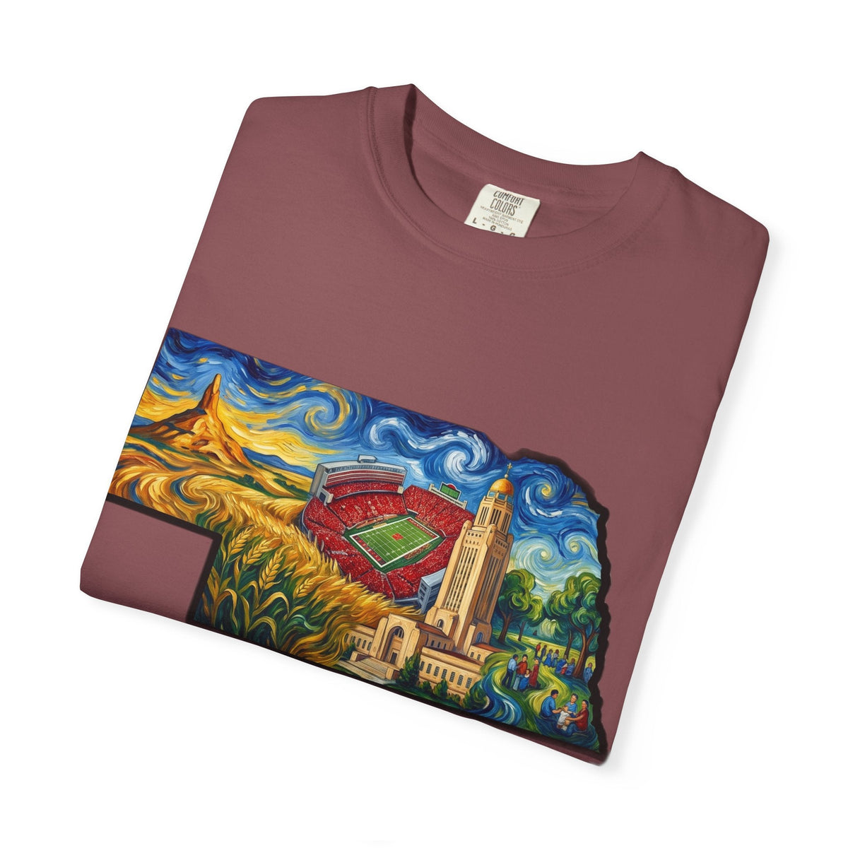 LNK.Nebraska Landmarks T-Shirt — Vincent Van Gogh Style State Art | Big Red Game Day Nebraska Gift Tee - Wax | Wane - big red - T-Shirt29