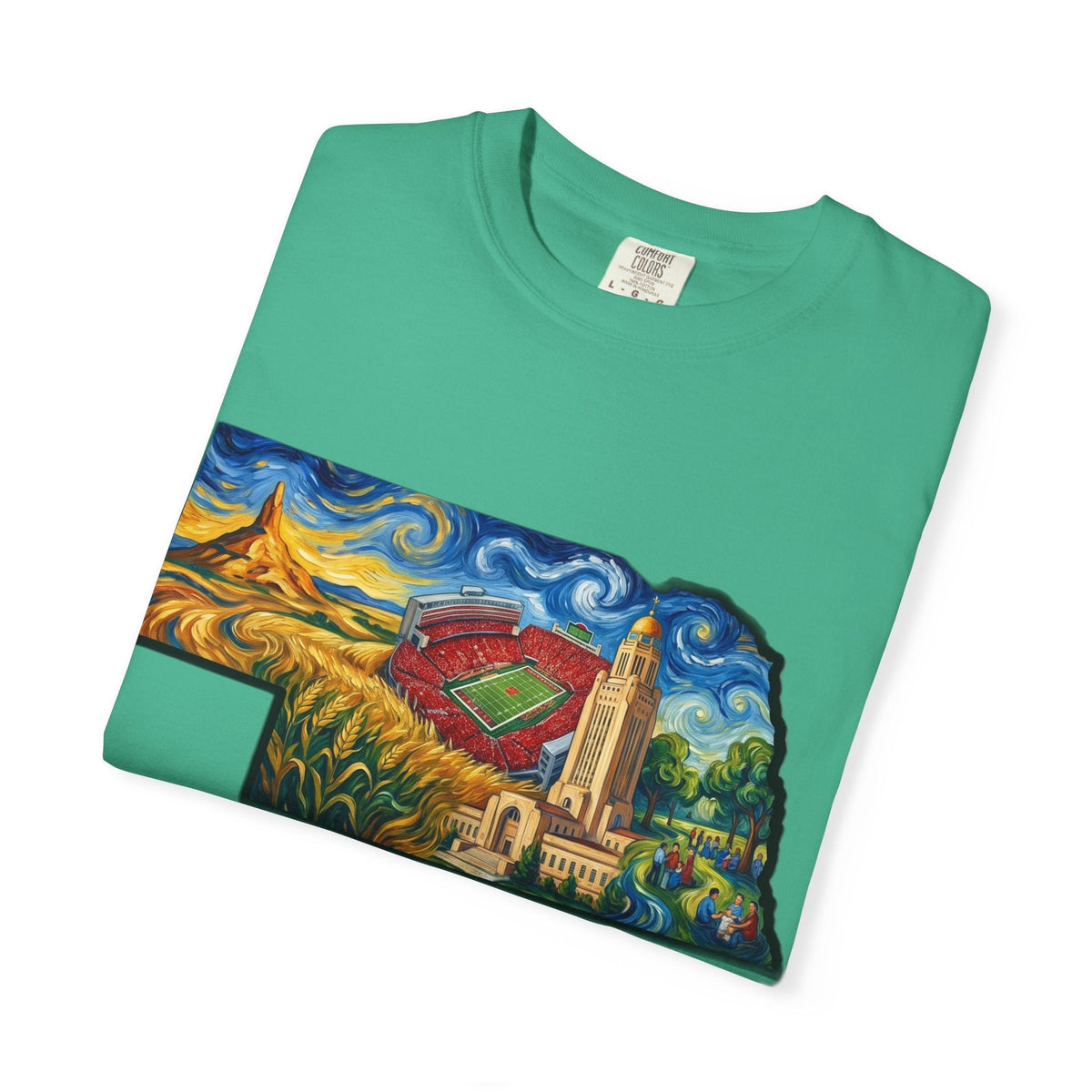 LNK.Nebraska Landmarks T-Shirt — Vincent Van Gogh Style State Art | Big Red Game Day Nebraska Gift Tee - Wax | Wane - big red - T-Shirt38