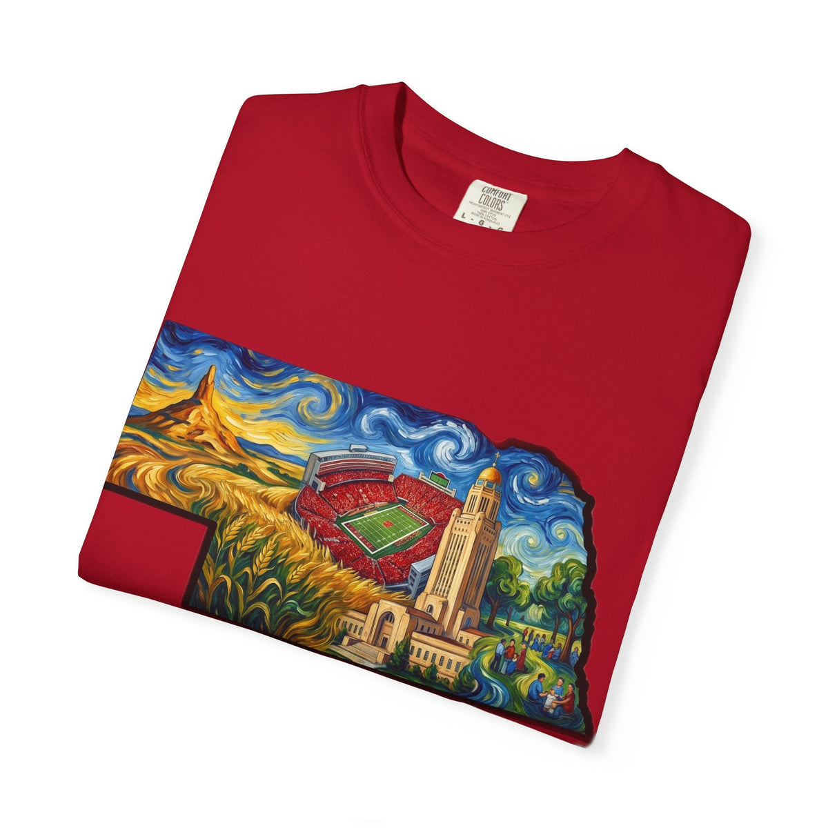 LNK.Nebraska Landmarks T-Shirt — Vincent Van Gogh Style State Art | Big Red Game Day Nebraska Gift Tee - Wax | Wane - big red - T-Shirt59