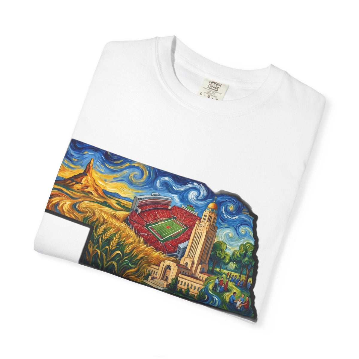 LNK.Nebraska Landmarks T-Shirt — Vincent Van Gogh Style State Art | Big Red Game Day Nebraska Gift Tee - Wax | Wane - big red - T-Shirt17