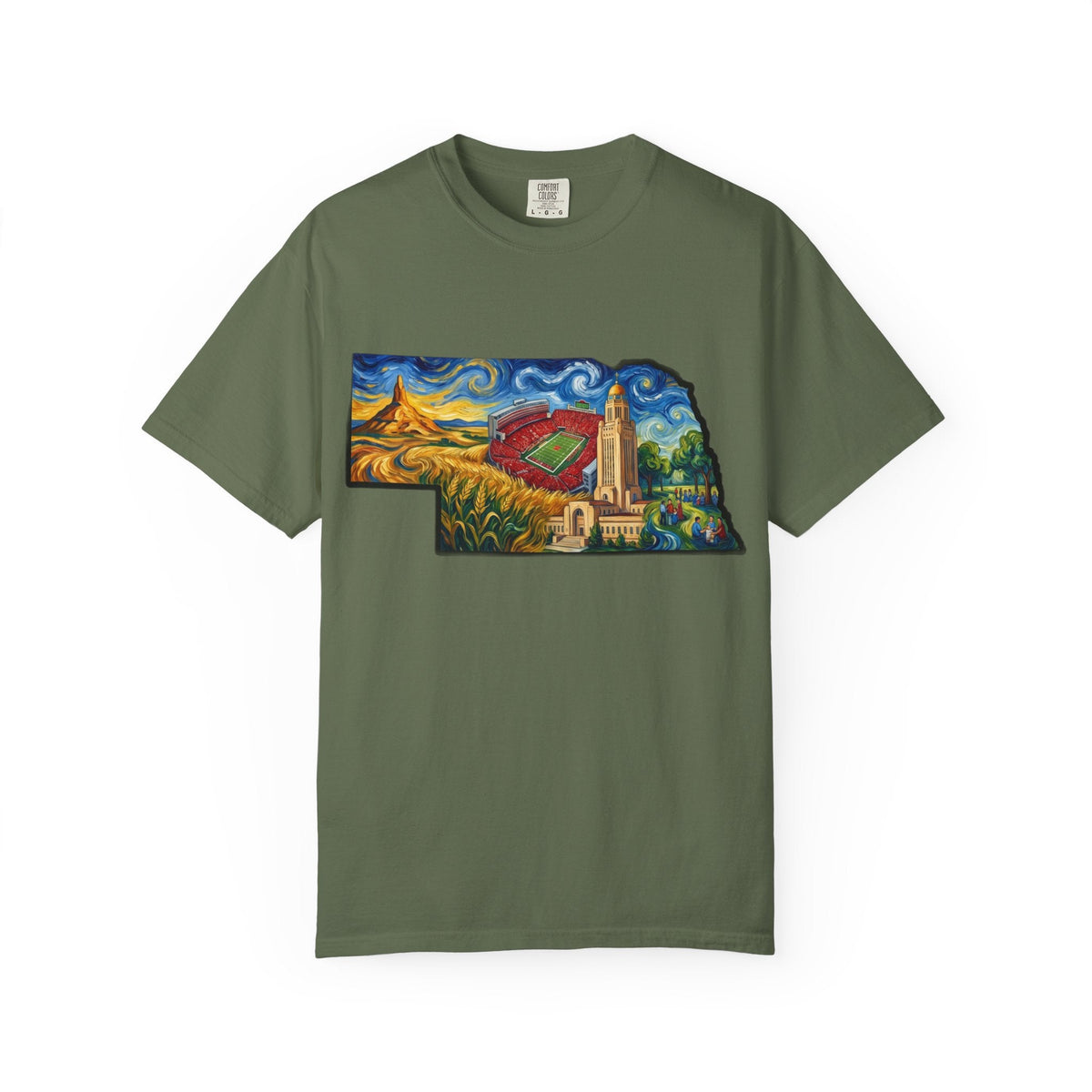 LNK.Nebraska Landmarks T-Shirt — Vincent Van Gogh Style State Art | Big Red Game Day Nebraska Gift Tee - Wax | Wane - big red - T-Shirt7
