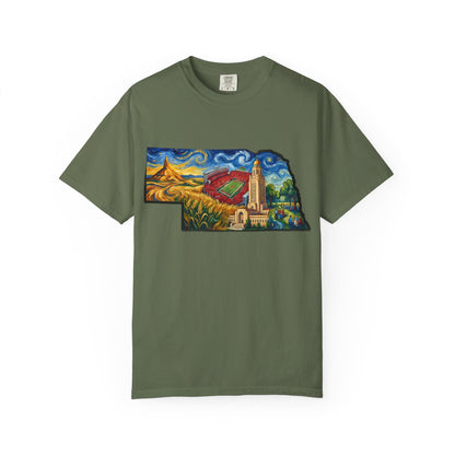 LNK.Nebraska Landmarks T-Shirt — Vincent Van Gogh Style State Art | Big Red Game Day Nebraska Gift Tee - Wax | Wane - big red - T-Shirt7