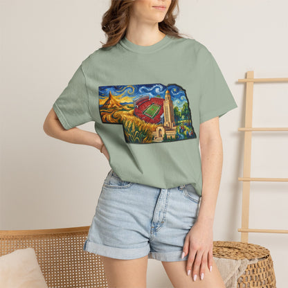 LNK.Nebraska Landmarks T-Shirt — Vincent Van Gogh Style State Art | Big Red Game Day Nebraska Gift Tee - Wax | Wane - big red - T-Shirt21