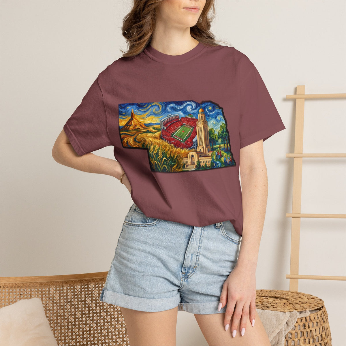 LNK.Nebraska Landmarks T-Shirt — Vincent Van Gogh Style State Art | Big Red Game Day Nebraska Gift Tee - Wax | Wane - big red - T-Shirt30