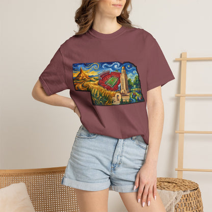 LNK.Nebraska Landmarks T-Shirt — Vincent Van Gogh Style State Art | Big Red Game Day Nebraska Gift Tee - Wax | Wane - big red - T-Shirt30