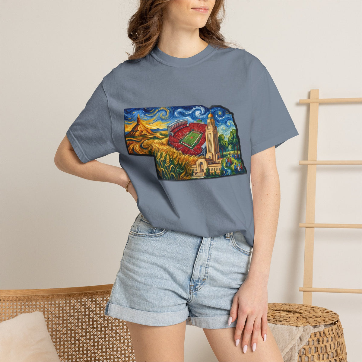 LNK.Nebraska Landmarks T-Shirt — Vincent Van Gogh Style State Art | Big Red Game Day Nebraska Gift Tee - Wax | Wane - big red - T-Shirt45