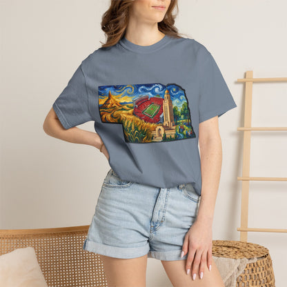 LNK.Nebraska Landmarks T-Shirt — Vincent Van Gogh Style State Art | Big Red Game Day Nebraska Gift Tee - Wax | Wane - big red - T-Shirt45
