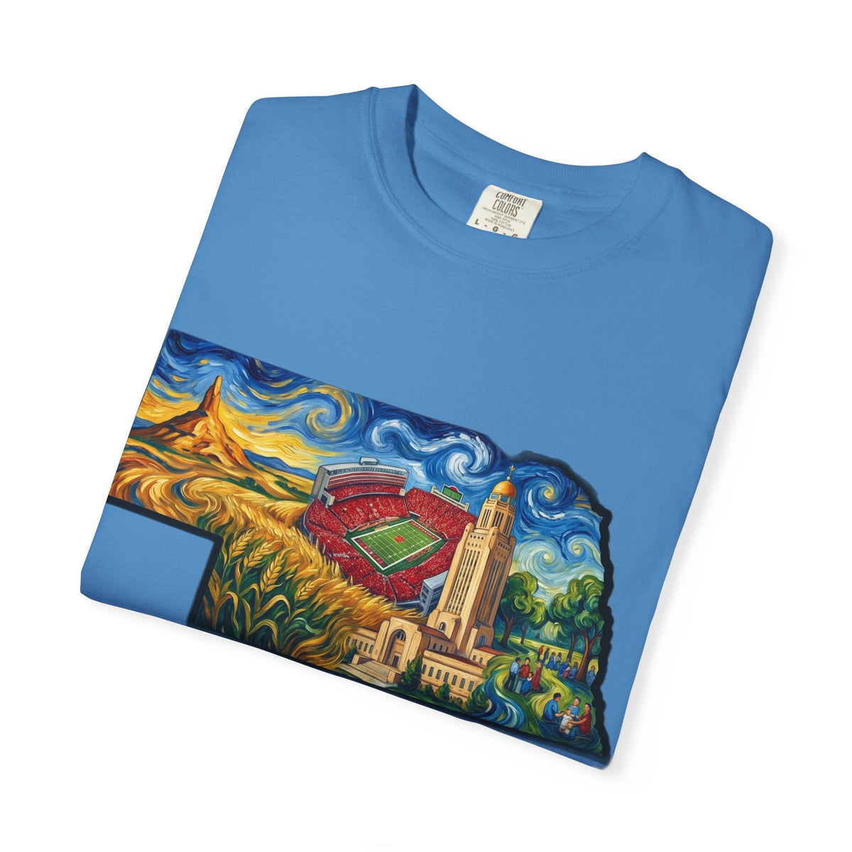 LNK.Nebraska Landmarks T-Shirt — Vincent Van Gogh Style State Art | Big Red Game Day Nebraska Gift Tee - Wax | Wane - big red - T-Shirt50
