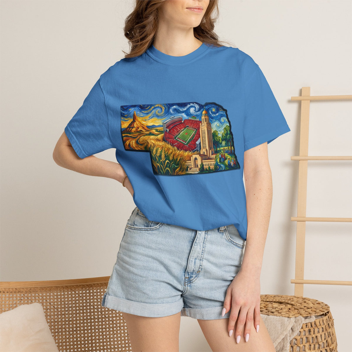 LNK.Nebraska Landmarks T-Shirt — Vincent Van Gogh Style State Art | Big Red Game Day Nebraska Gift Tee - Wax | Wane - big red - T-Shirt51