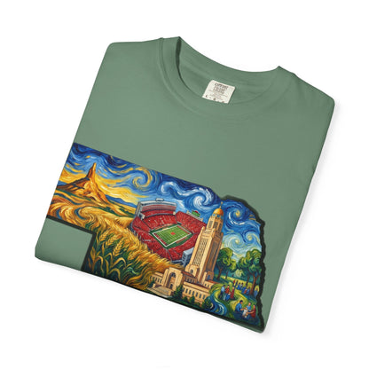 LNK.Nebraska Landmarks T-Shirt — Vincent Van Gogh Style State Art | Big Red Game Day Nebraska Gift Tee - Wax | Wane - big red - T-Shirt41
