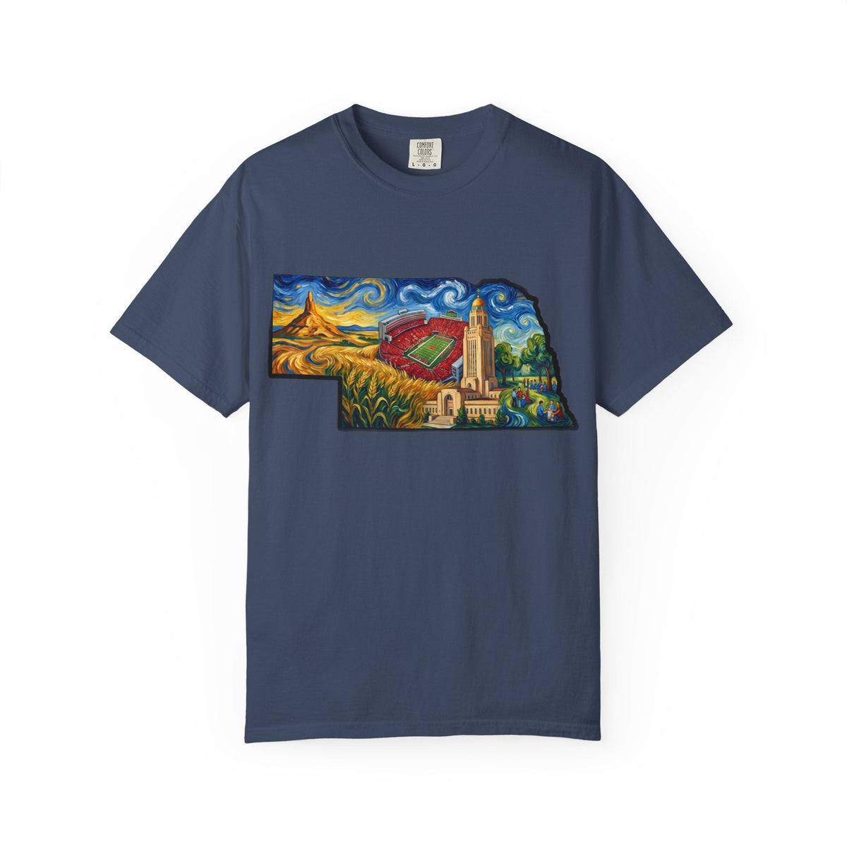 LNK.Nebraska Landmarks T-Shirt — Vincent Van Gogh Style State Art | Big Red Game Day Nebraska Gift Tee - Wax | Wane - big red - T-Shirt13