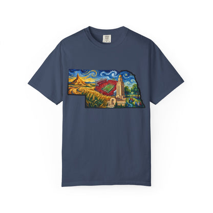 LNK.Nebraska Landmarks T-Shirt — Vincent Van Gogh Style State Art | Big Red Game Day Nebraska Gift Tee - Wax | Wane - big red - T-Shirt13