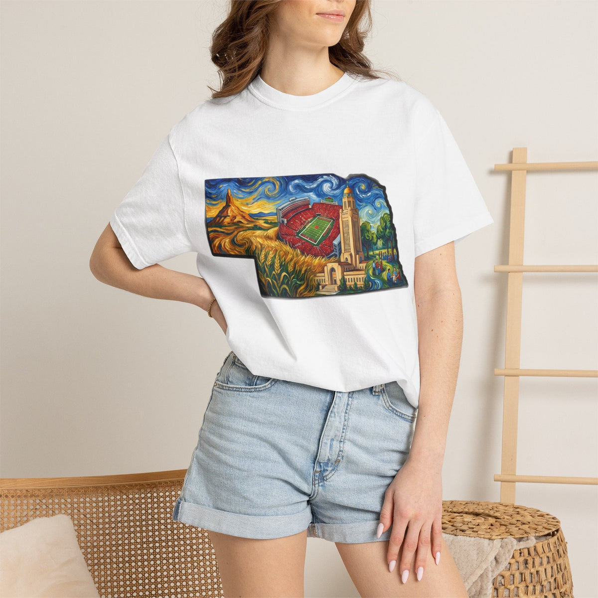 LNK.Nebraska Landmarks T-Shirt — Vincent Van Gogh Style State Art | Big Red Game Day Nebraska Gift Tee - Wax | Wane - big red - T-Shirt18