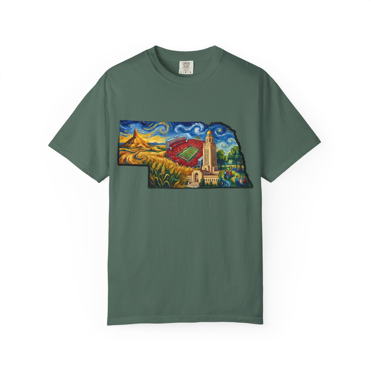 LNK.Nebraska Landmarks T-Shirt — Vincent Van Gogh Style State Art | Big Red Game Day Nebraska Gift Tee - Wax | Wane - big red - T-Shirt3