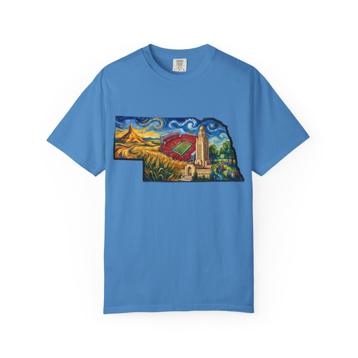 LNK.Nebraska Landmarks T-Shirt — Vincent Van Gogh Style State Art | Big Red Game Day Nebraska Gift Tee - Wax | Wane - big red - T-Shirt12