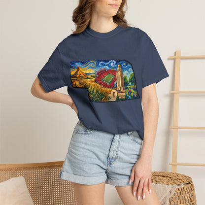 LNK.Nebraska Landmarks T-Shirt — Vincent Van Gogh Style State Art | Big Red Game Day Nebraska Gift Tee - Wax | Wane - big red - T-Shirt54