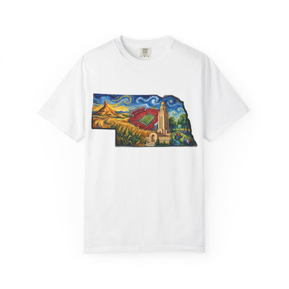 LNK.Nebraska Landmarks T-Shirt — Vincent Van Gogh Style State Art | Big Red Game Day Nebraska Gift Tee - Wax | Wane - big red - T-Shirt1