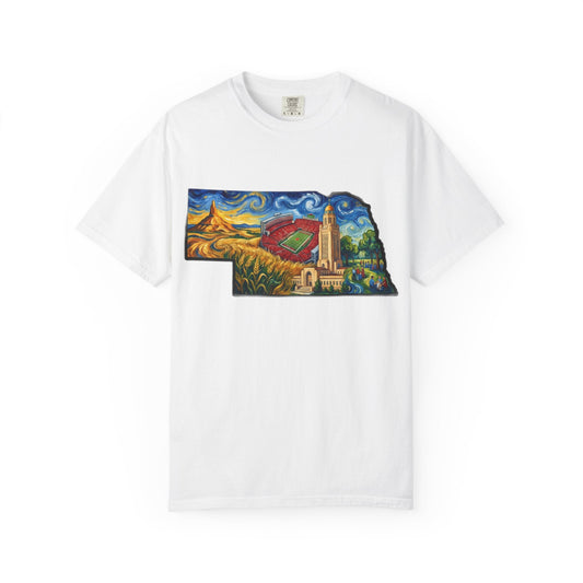 LNK.Nebraska Landmarks T-Shirt — Vincent Van Gogh Style State Art | Big Red Game Day Nebraska Gift Tee - Wax | Wane - big red - T-Shirt1