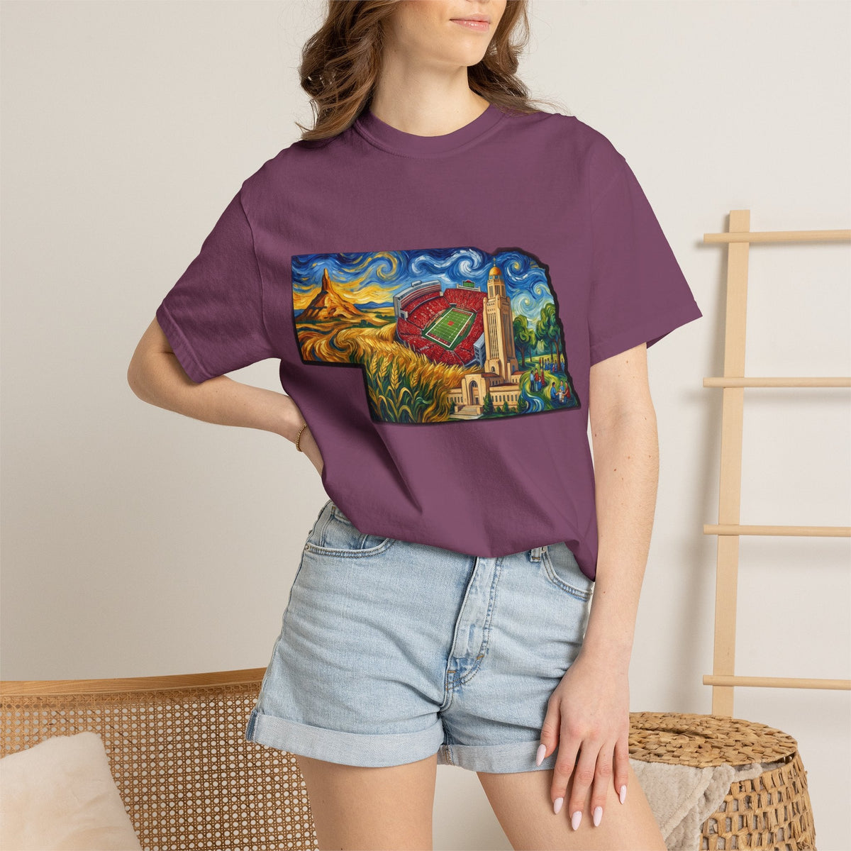 LNK.Nebraska Landmarks T-Shirt — Vincent Van Gogh Style State Art | Big Red Game Day Nebraska Gift Tee - Wax | Wane - big red - T-Shirt27
