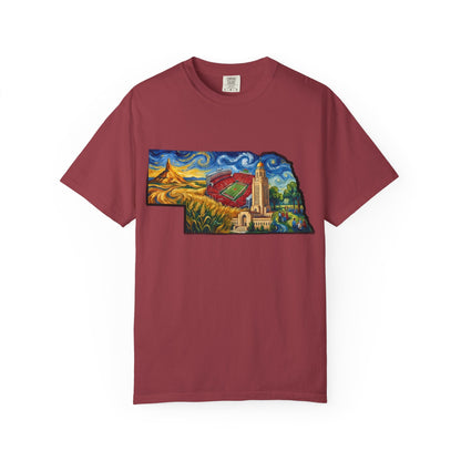 LNK.Nebraska Landmarks T-Shirt — Vincent Van Gogh Style State Art | Big Red Game Day Nebraska Gift Tee - Wax | Wane - big red - T-Shirt14
