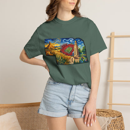 LNK.Nebraska Landmarks T-Shirt — Vincent Van Gogh Style State Art | Big Red Game Day Nebraska Gift Tee - Wax | Wane - big red - T-Shirt24