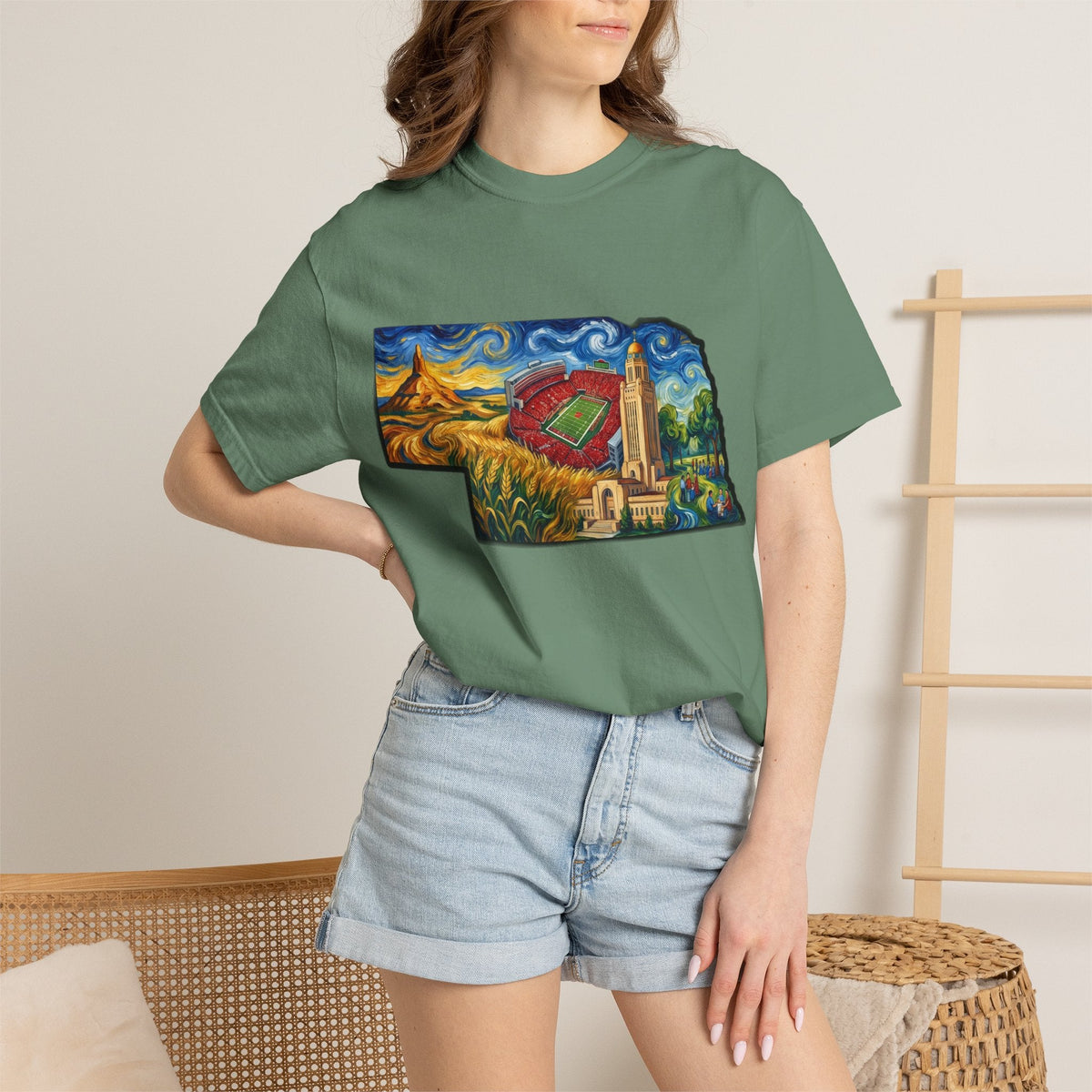 LNK.Nebraska Landmarks T-Shirt — Vincent Van Gogh Style State Art | Big Red Game Day Nebraska Gift Tee - Wax | Wane - big red - T-Shirt42